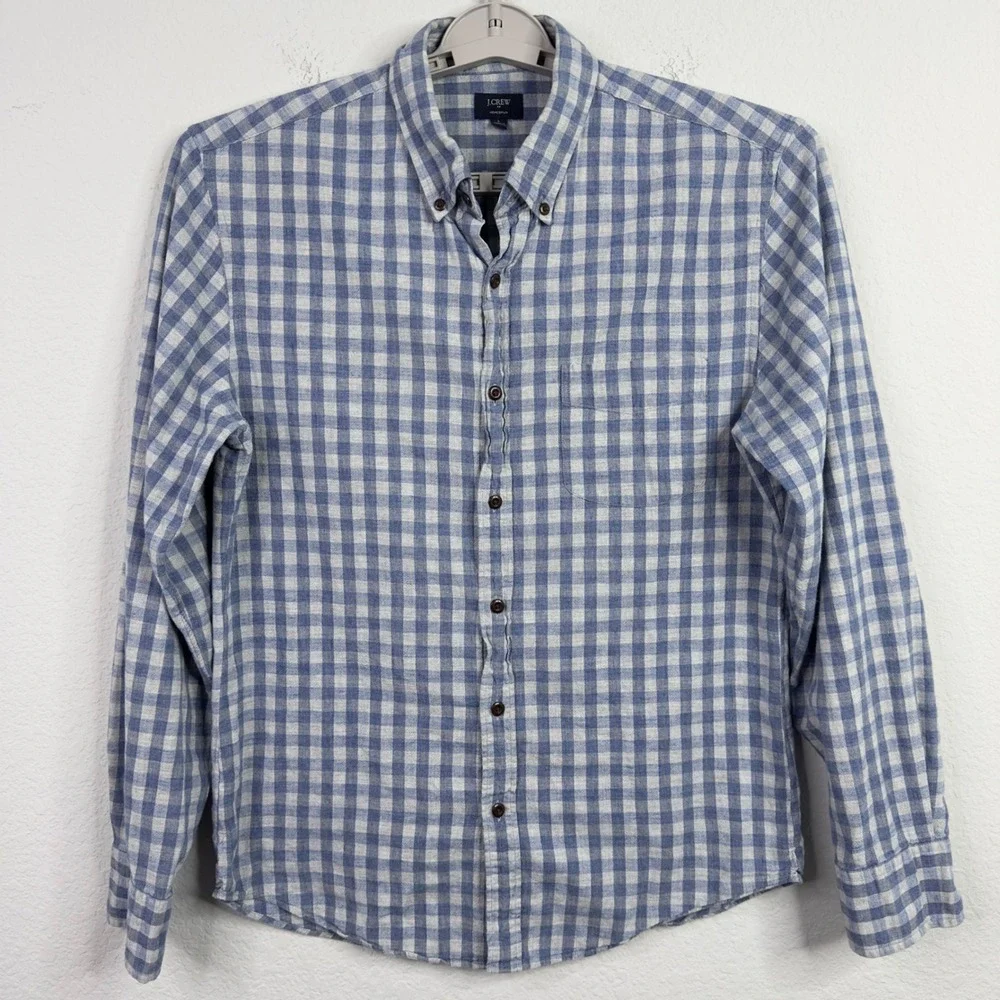 J. Crew Shirt Mens L Blue White‎ Homespun Gingham Plaid Button Preppy Casual